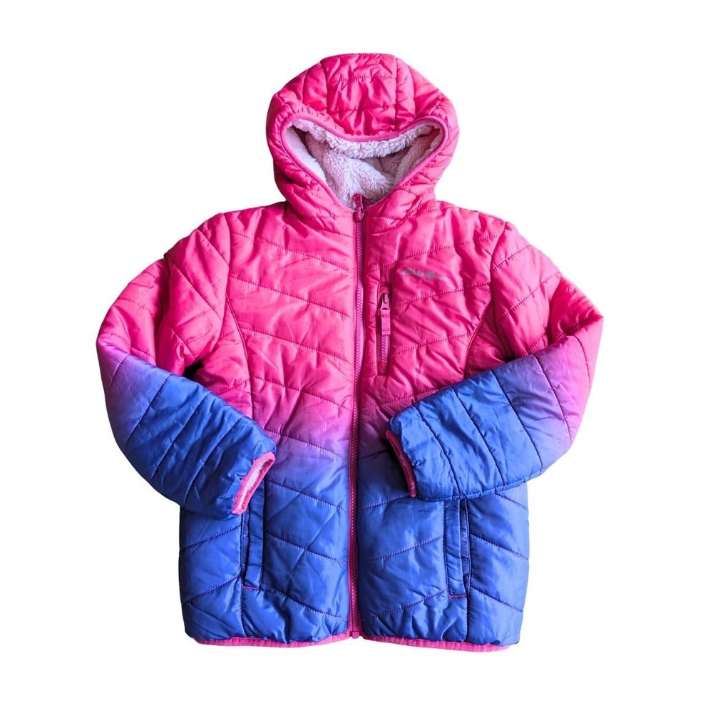 Eddie Bauer Girls Reversible Puffer Jacket 7/8 Pink Blue Ombre Faux Fur Hood